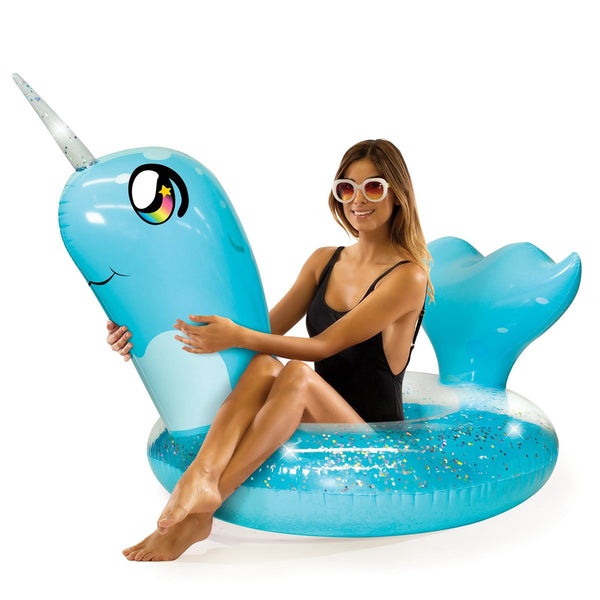 PoolCandy Jumbo 48" Narwhal Glitter Raft With glitter filled seat